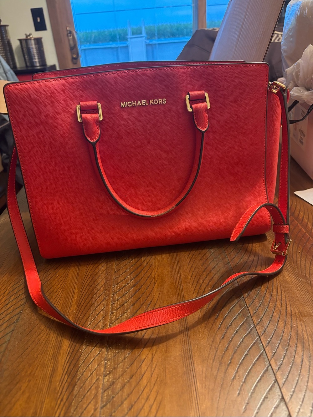 Michael Kors Red Saffiano Leather Satchel with Gold Hardware